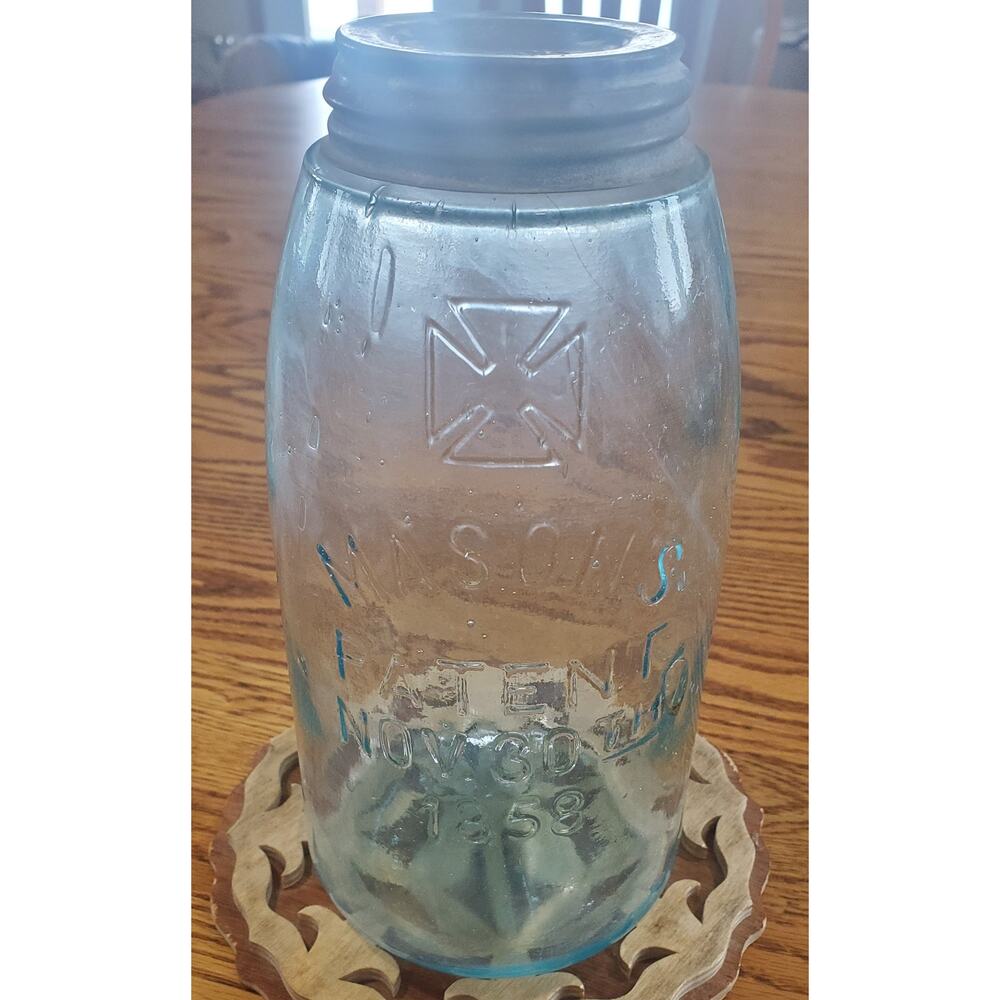 Antique Rare Mason's Patented 1858 Cross HG Canning Fruit Jar Blue Rb 1938